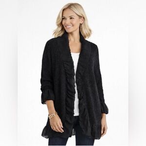 Chicos Cardigan Knit Sweater Top Sz XL Button Chiffon Cuff Whimsigoth Boho Black